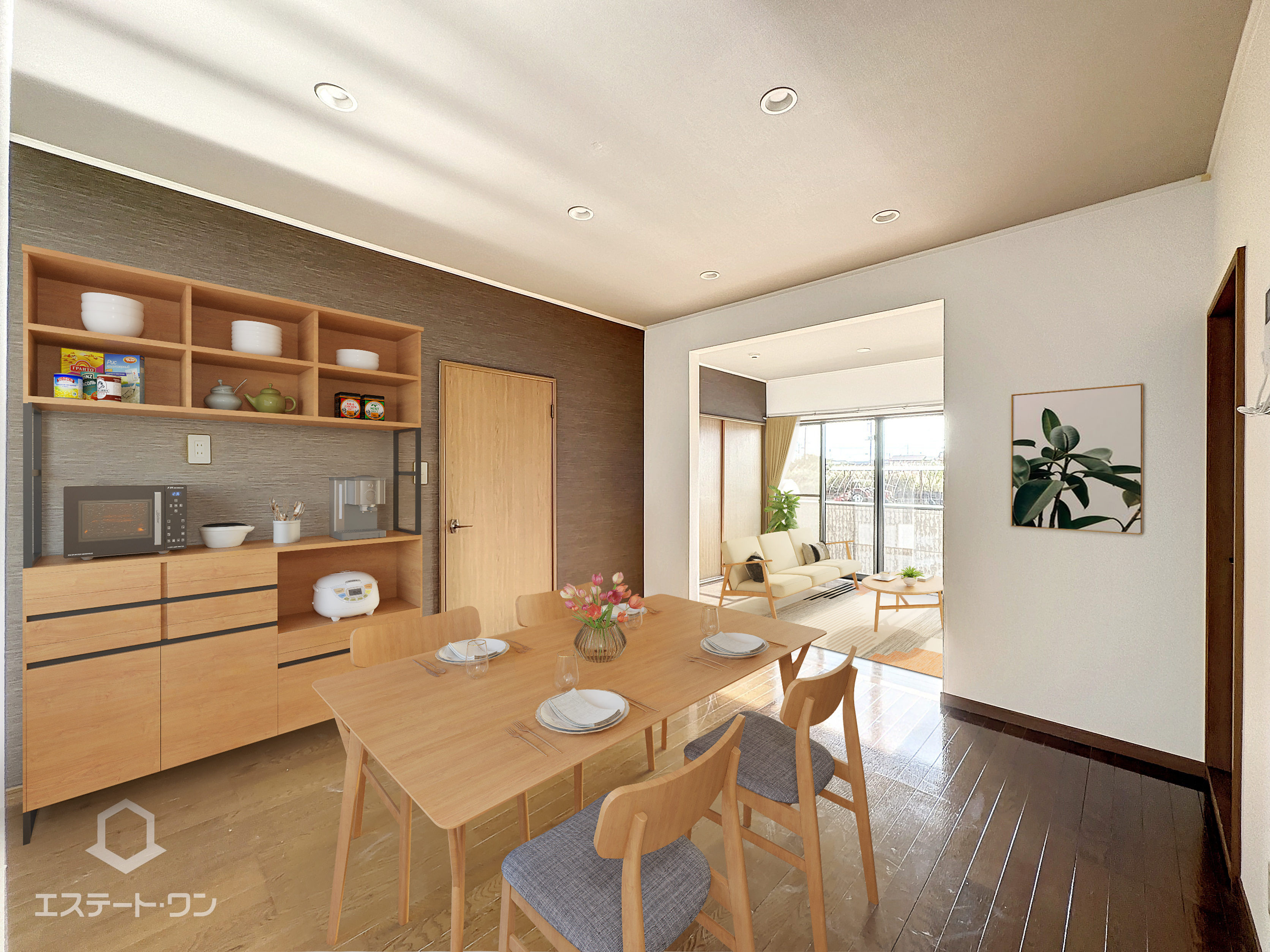 ベルハイツの居間・リビング|アクセントクロスとダウンライトが素敵♪