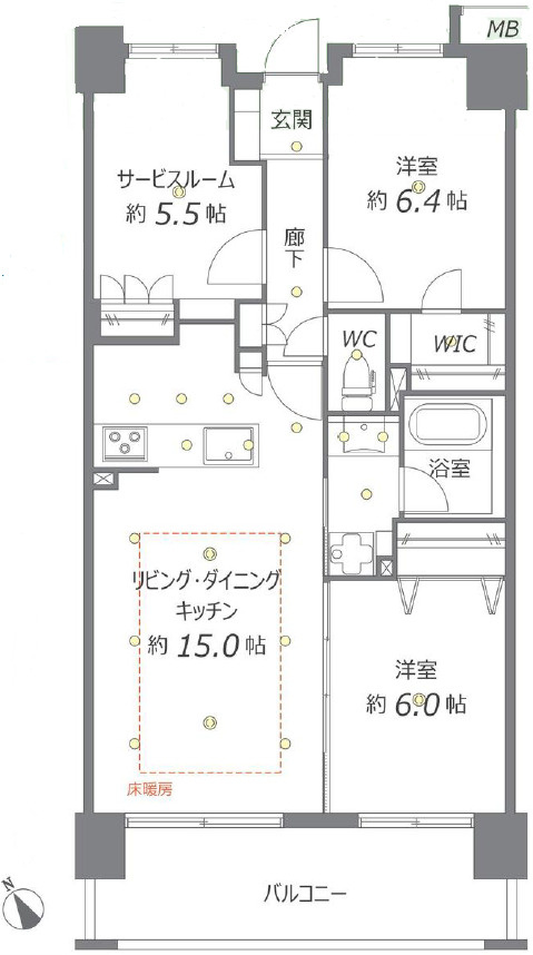 サンクレイドル西東京ウインフォーム（8階）の間取り|間取2SLDK＋WIC。南西向きで陽当たり良好！リビングダイニングには床暖房が付いています。