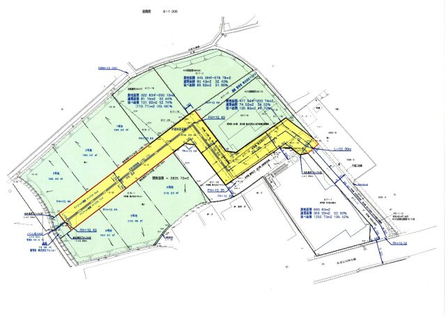 青雲前中学校正門前分譲地4,5,6号地の区画図|真ん中の黄色い部分が道路です　位置指定道路には上下水道　雨水の雑排水の溝が入ります