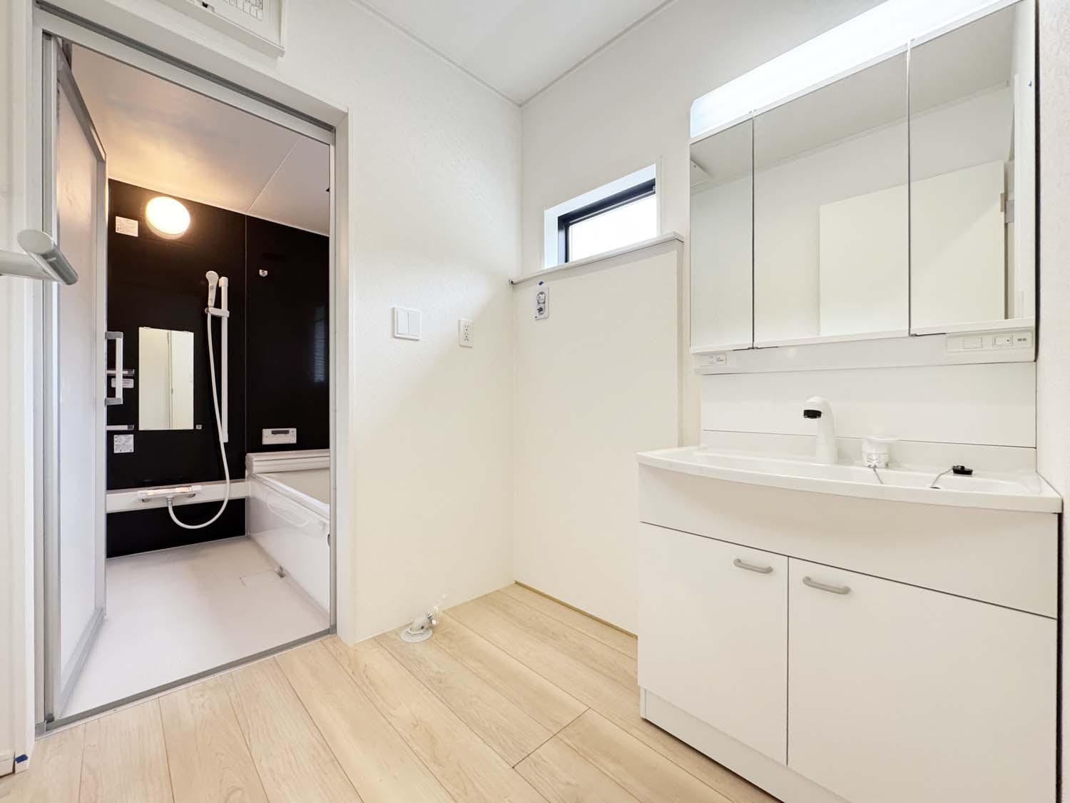 耐震+制震の家 新涯町4丁目：住宅性能取得物件：4号棟の独立洗面台|■三面鏡タイプを採用。鏡の裏にも収納できます
■手洗の洗濯にも便利なゆったりサイズのシンク 
■水栓はリフトアップ機能付、ハンドシャワーでも使えます