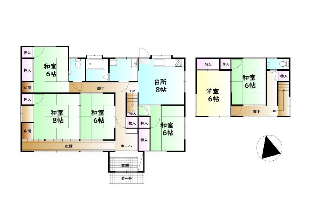 西垣生町　６DK　中古戸建の間取り|ゆとりの6Kは、家族の成長やライフスタイルの変化に合わせて柔軟に活用できます。各部屋が独立しているので、プライバシーを保ちつつも、階下から聞こえる家族の気配に安心感を感じられる温かな住まいです。