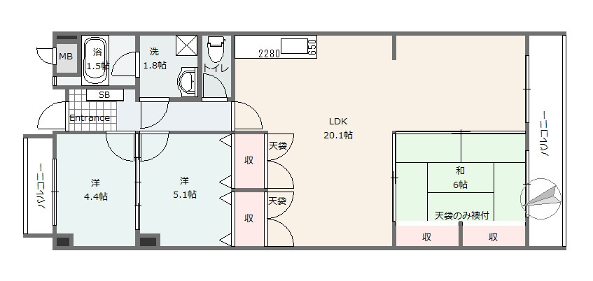 グランドハイツ中原東の間取り|間取図です。間取図です。和室を開放、洋室は２部屋つなげて１ＬＤＫも可能♪