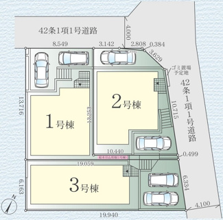 【区画図】 | 伊勢原市八幡台1丁目  1号棟 2期 | 1号棟　北西側約4.1ｍ公道・北東側約4.1ｍ（間口約0.4ｍ）公道　駐車2台（車種によります）