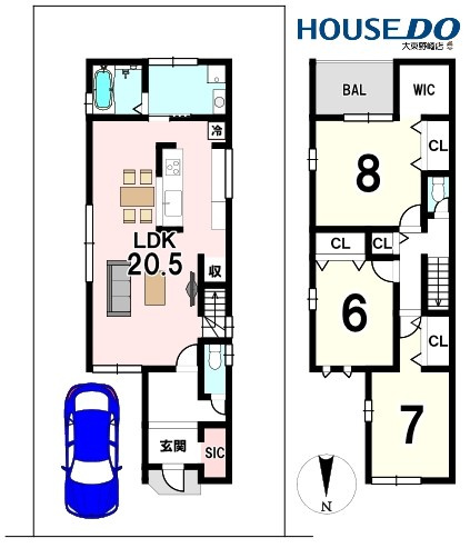 売土地　四條畷市岡山東4丁目(建築条件無し・更地)の参考プラン|建物プラン例　1F：54.65㎡　2F：50.51㎡　合計：105.16㎡（31.81坪）