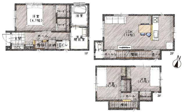 【間取り】 | ライフフィールド草尾Ⅳ | 全居室5.6帖以上のゆったり3LDK！豊富な収納スペースやカウンターなど、家族みんなの暮らしやすさを重視した間取りです。