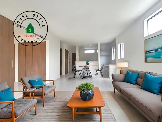 熊本市南区御幸木部3丁目第2-2棟（2号棟）　の居間・リビング|キッチンからリビングをしっかり確認できます。家族の笑顔があふれる空間になりそうですね。※家具はCGを合成したものです。