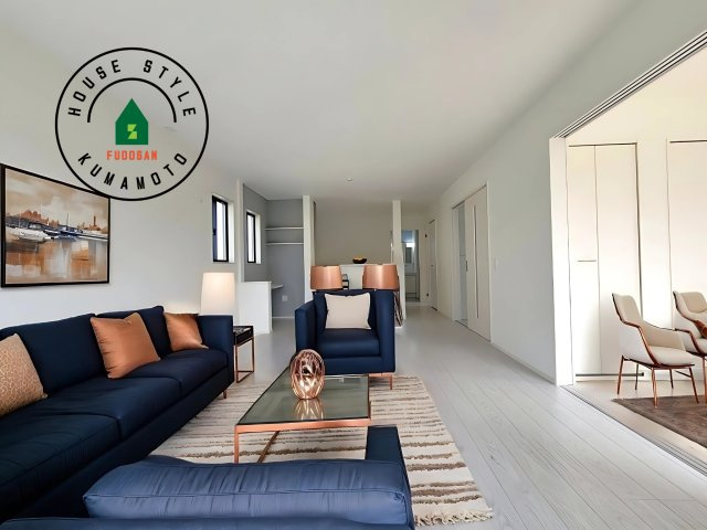 熊本市南区御幸木部3丁目第3-2棟（4号棟）　の居間・リビング|キッチンからリビングをしっかり確認できます。家族の笑顔があふれる空間になりそうですね。※家具はCGを合成したものです。