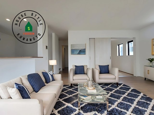 熊本市南区御幸木部3丁目第2-2棟（3号棟）　の居間・リビング|キッチンからリビングをしっかり確認できます。家族の笑顔があふれる空間になりそうですね。※家具はCGを合成したものです。