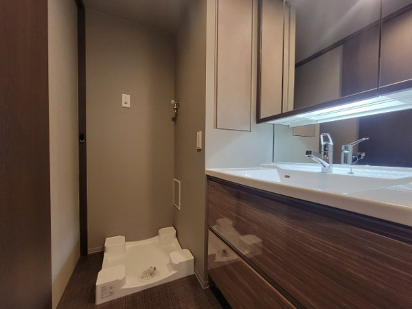 【独立洗面台】 | 【独立洗面台】三面鏡裏・カウンター下・リネン庫など、収納豊富！カウンター一体型洗面ボウルで掃除簡単！