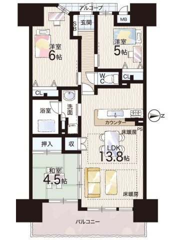 グランアッシュ寝屋川シティマークノースリッジの間取り|3LDK　床暖房付きLDK♪