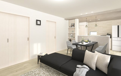 【完成予想図】 | 【1号棟　LDKイメージ】
※画像は設計図面を基に作成したイメージです