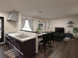 【完成予想図】 | 右京区山ノ内山ノ下町　建築条件付 | 《ステージングイメージパース》
※家具・小物はCGによるインテリアイメージであり、家具の設置サイズを保証するものではございません。※家具配置はTV配線には配慮しておりません