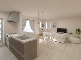 【完成予想図】 | 右京区山ノ内山ノ下町　建築条件付 | 《ステージングイメージパース》
※家具・小物はCGによるインテリアイメージであり、家具の設置サイズを保証するものではございません。※家具配置はTV配線には配慮しておりません