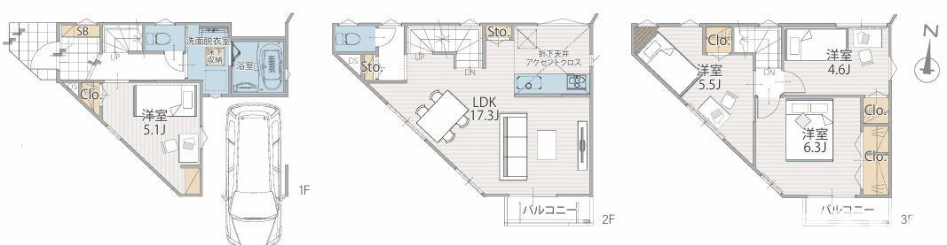茅ヶ崎市浜竹　新築戸建　全３棟の間取り|全部屋２面採光の4LDKです