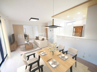 【居間・リビング】 | 現地写真（１号地リビング）南向きですので、陽あたり良好です♪