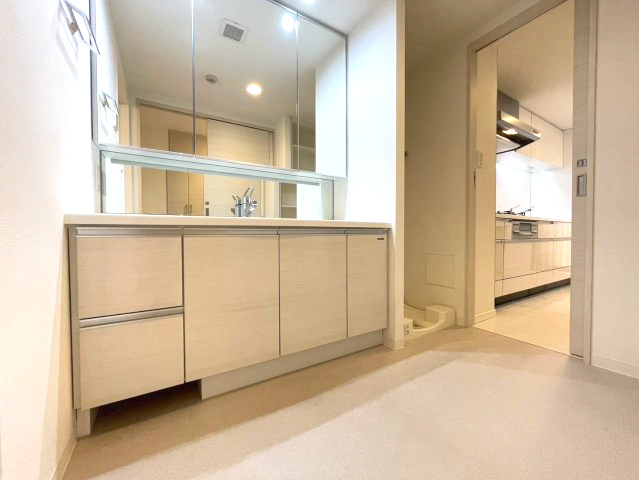 アンビシャス南柏の独立洗面台|左右にスペースがあるので、小物を置くことができて便利です。