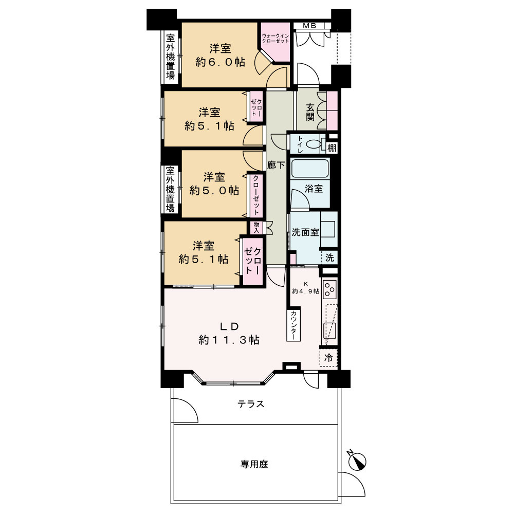 アンビシャス南柏の間取り|4LDK 専有面積88.94㎡+専用庭19.65㎡。洋室は全て５畳以上で広々としています。