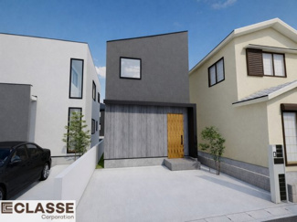 【外観パース】 | 宇治市五ケ庄芝ノ東　3区画3号地　売土地　建築条件付き | アトリエ仕様では、高性能断熱材（吹付断熱）を採用しておりますので、ZEH水準に適合しています。気密性・断熱性に優れているため、冬はあたたかく、夏は涼しい快適な住環境を実現できます。