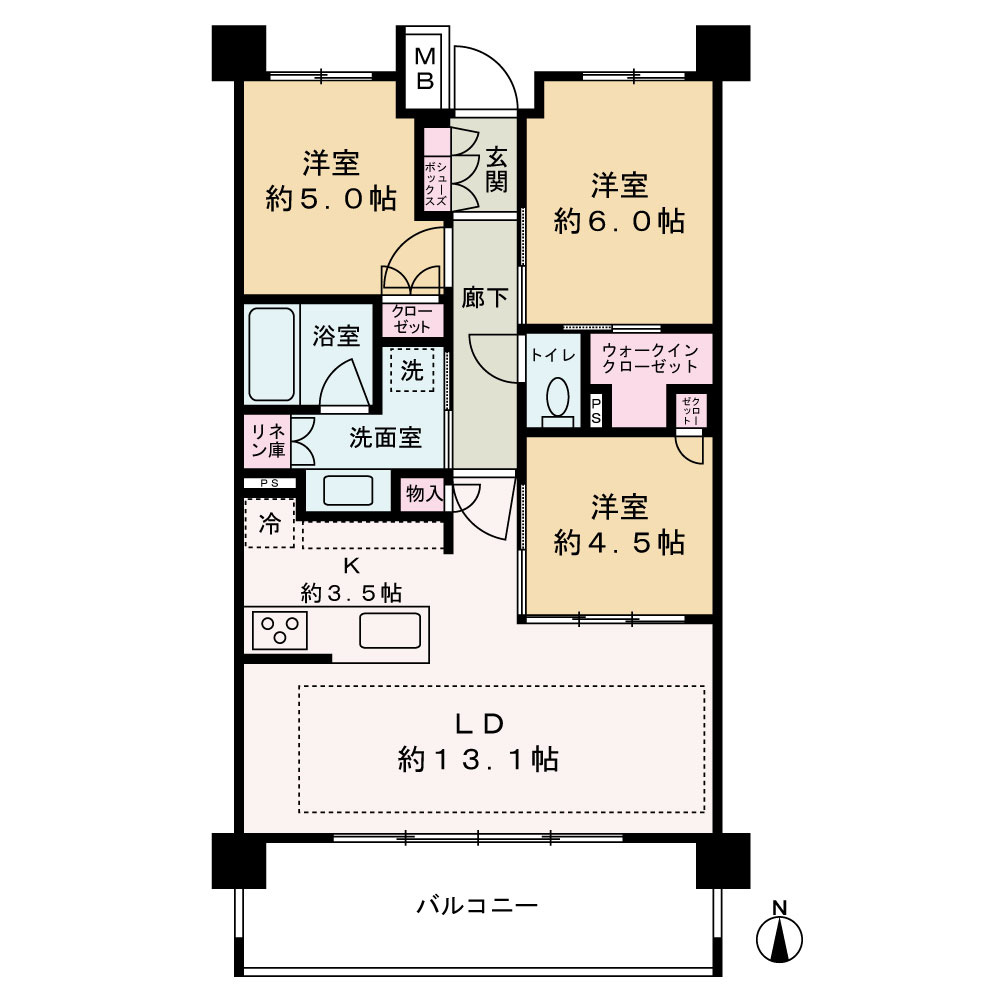 ウィザースレジデンス盛岡サザンテラスの間取り|３ＬＤＫ　７０.４２㎡
南向きです。
