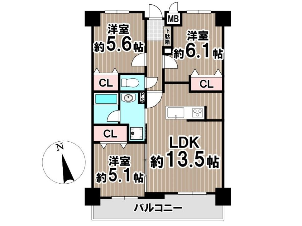 東峰マンション長者原の間取り|3LDKの間取りです！2025年4月リフォーム完了！和室を洋室にリフォームし、全居室フローリングに！