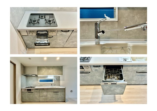 足立区大谷田5丁目新築分譲住宅のキッチン|【システムキッチン】ワイドで収納豊富な使い勝手の良いシステムキッチンには、食洗器や伸縮タイプのキッチン水栓、三ツ口コンロ・魚焼きグリルなどの便利な設備が標準完備されています。