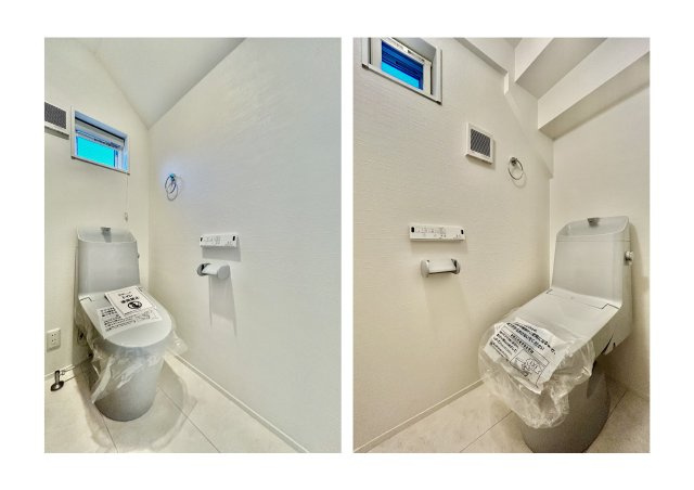 足立区大谷田5丁目新築分譲住宅のトイレ|【トイレ】 収納スペースをしっかりと確保した温水洗浄便座機能付きトイレ。温水洗浄便座は清潔にお使いいただくための大切なアイテムです。