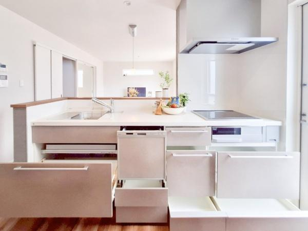 センチュリータウン関園ⅡSのキッチン|調理器具から食器、調味料までしっかり収まる引き出し収納が充実したシステムキッチン。深型・浅型の引き出しをバランスよく配置しており、用途に合わせた収納が可能。見た目もスッキリ、作業効率もアップします！