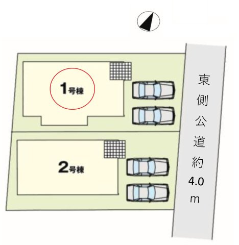狭山市北入曽・全2棟　新築一戸建　1号棟　～LDK18.5帖～の区画図|1号棟｜134.50平米(40.68坪)　前面道路は車通りも少なく落ち着いて生活できる住環境です