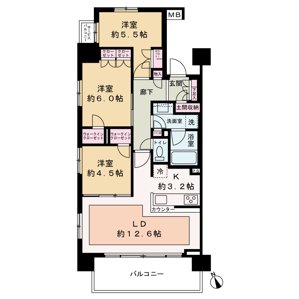 アンビシャス西川口の間取り|3LDK 角部屋
専有面積72.54㎡+バルコニー10.01㎡
