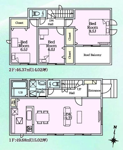 リナージュ前橋南町２丁目24-1期 　2号棟の間取り|収納充実♪全室南向きの3LDKで陽当たり良好な間取りです！
土地面積137.17㎡、建物面積96.05㎡で十分な広さです！
