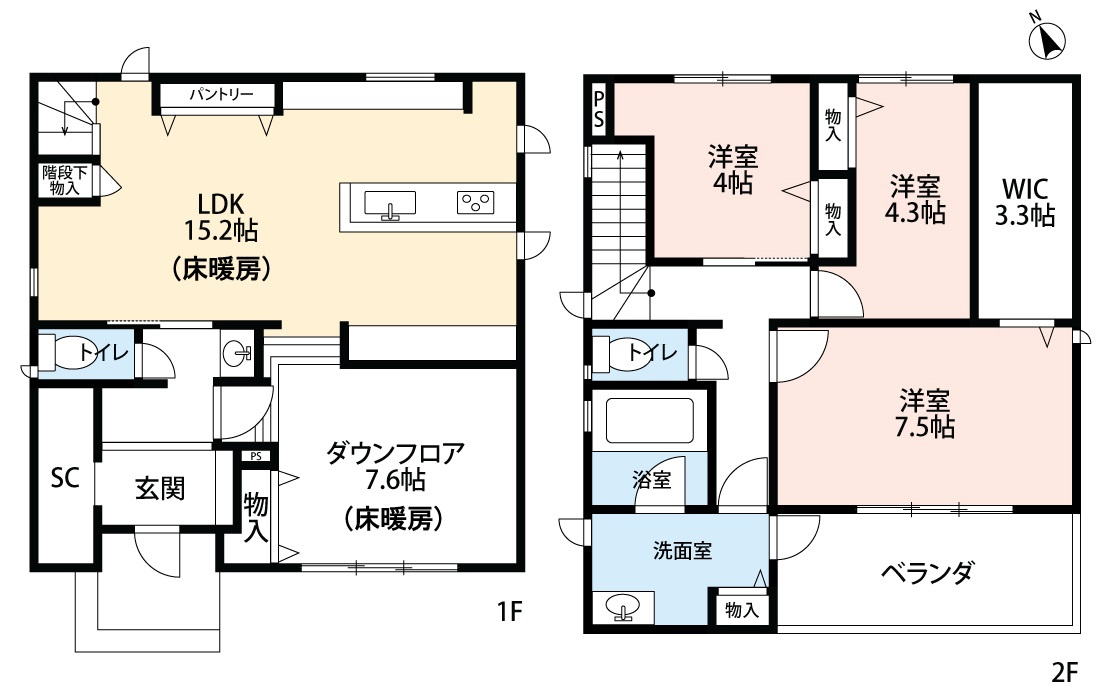 小牧市小木南３丁目　中古戸建の間取り|LDK15.2帖＋ダウンフロア7.6帖のゆとりの空間です。床暖房あり。
