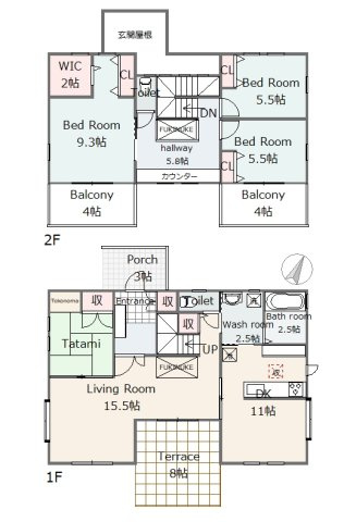 室見が丘１丁目　戸建の間取り|間取図です。DKとリビングを開放すれば26帖あります。延床も37.32坪と一般的な住宅より大きめです。