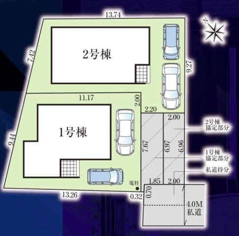 富士見市渡戸３丁目の新築一戸建の区画図|カースペースは2台分あり、セカンドカーのご利用可能です。