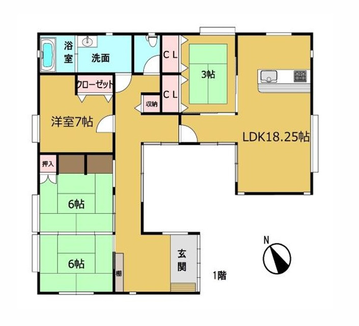 水戸市酒門町　築13年平屋建て　開放的な角地ですの間取り|　
☆部屋ごとにたっぷりの収納スペースがあります。和室はリビングと離れているので、客間とプライベート空間を分けることができます。