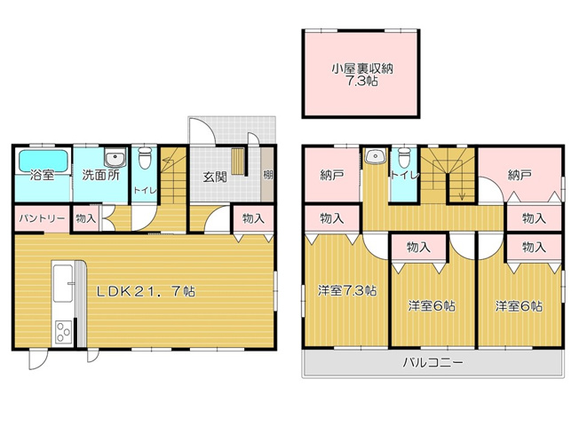 【間取り】 | 太田市龍舞町　中古戸建 | 納戸やパントリー、シューズインクローク、屋根裏収納など収納が充実！
全居室南向きで明るい間取りです♪