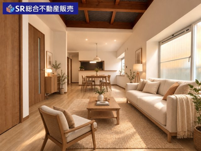 西岩田4丁目中古戸建の居間・リビング|リビングは17帖以上の広さ、南側は駐車場の為、日当たり良好です！