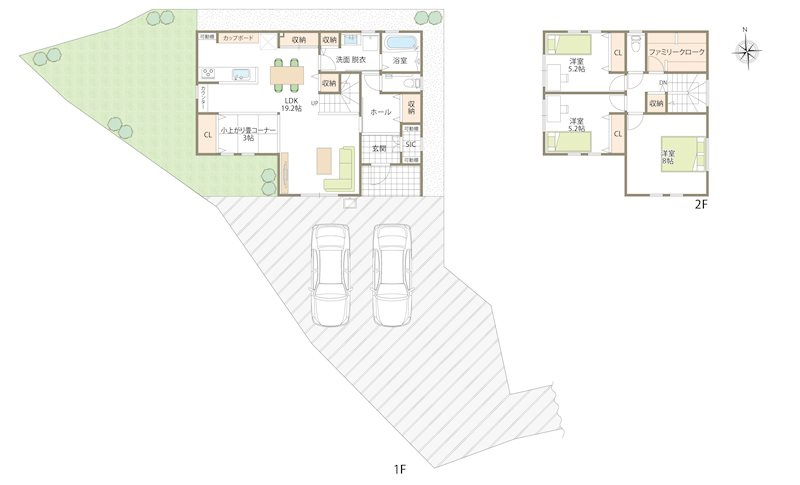 新築　高崎市江木町10区画　5号棟の間取り|建物面積32.93坪　広々19.2帖のリビングは小上がりの畳コーナーもありゆったりくつろげそうです♪