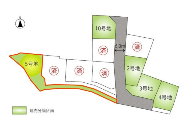 新築　高崎市江木町10区画　5号棟の区画図|区画図　東側接道幅員約6ｍ