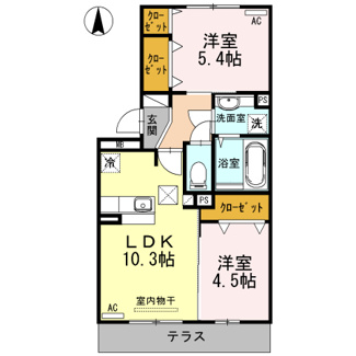 リーブリング105の2LDK間取り図 LDK10.3帖・洋室5.4帖・洋室4.5帖