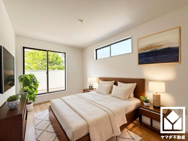 京田辺市河原神谷　１期　４号地の寝室|※実写真と間取り図からCG再現した「空室リフォームイメージ」に家具などをCG合成しており、実際と異なります。