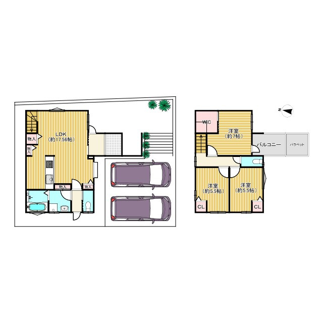 向日市上植野町浄徳の間取り|ホールや廊下から出入りしていただける日当たりの良いお庭が魅力的な間取り。
駐車2台可能です！