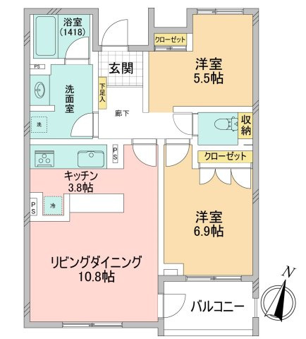 パルテール深沢の間取り|■南・北2方向開口部有り■LDK14.6帖　洋室①6.9帖　洋室②5.5帖■カウンターキッチン
