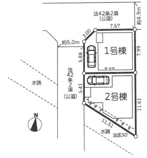 【区画図】 | 厚木市妻田北3丁目  2号棟 4期 | 2号棟　西側約5ｍ公道　駐車1台（車種によります）
