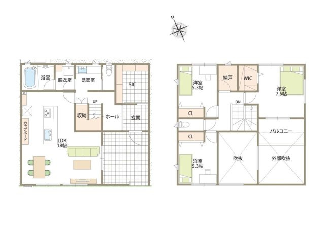 新築　高崎市上中居町　3号棟の間取り|建物面積31.93坪　吹抜けの18帖リビングは明るく広々です！