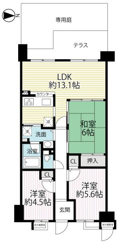◆リフォーム済みの美室◆広々専用庭＆テラス付き３LDK◆ディオ・フェルティ丹波橋右芳館の間取り