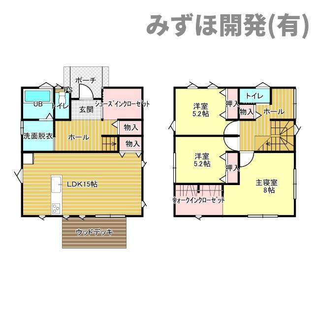 東根市神町西一丁目の間取り|1F：LDKは南面に窓があるので明るい陽射しが差し込みます。
2F：主寝室にはウォークインクローゼット付きです。ホールが広いので室内干しに便利です。
