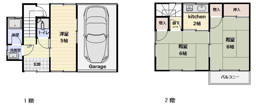 大山町荘田中古戸建の間取り|３部屋＋ガレージ付き　3ＧＫの間取り。