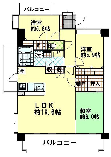 【間取り】 | ベルヴィ香椎六番館 | 角部屋3面バルコニー付きで室内は明るく風通しの良い空間です。リビングも居室もゆとりのある造りで、ご家族でゆったりと暮らせる3LDKです