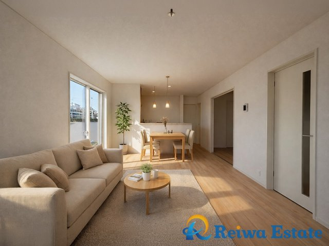 新築戸建　茅ヶ崎市柳島2丁目の居間・リビング|生活がイメージできるように、AIを使用して家具・家電・小物等を配置しております。