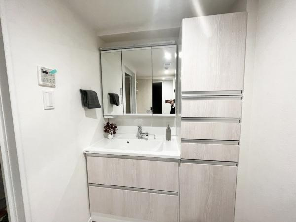 【独立洗面台】 | グリーンコート藤が丘イクシーズ | 洗面台周りには収納スペースもあります
また、洗面台前は広さも確保されております。